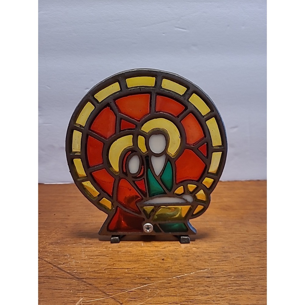 2 Vtg Metal Stained Glass Candle Holder Christmas Nativity Scene And Angel